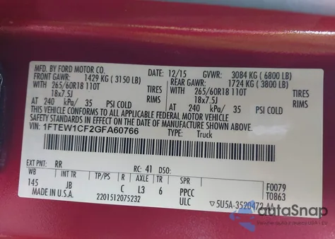 2016 Ford F-150 Xlt из США, поврежденный, VIN 1FTEW1CF2GFA60766